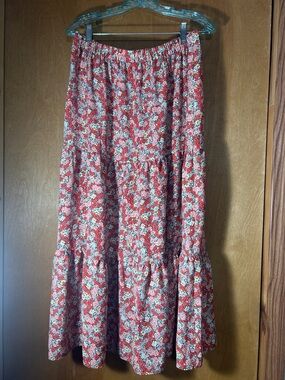LOFT Red Floral Tiered Maxi Skirt with Cream & Green Accents